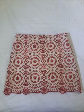 LOFT White Mini Skirt with deep coral  Floral Embroidery